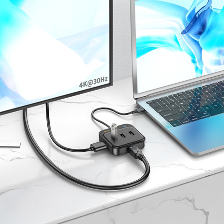 Hub Tipe-C la HDTV, RJ45, USB3.0, 2x USB2.0, PD100W, 0.2m Hoco Easy Link, Black