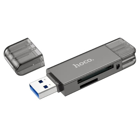 Cititor de Carduri USB/Tip-C 3.0 la MicroSD, SD  Hoco, Metal Gray
