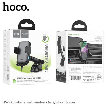 Suport telefon auto pentru Bord / Prabriz / Grila Ventilatie, 15W Hoco Climber, Black/Gray