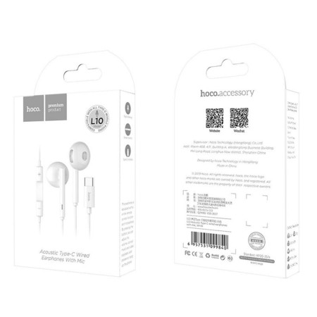 Casti cu fir tip C cu Microfon, 1.2m Hoco Acoustic, White