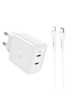 Incarcator iPhone Dual Port 2x Tip-C PD45W si Cablu Tip-C la Lightning Hoco Streamer, White