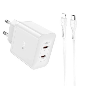 Incarcator iPhone Dual Port 2x Tip-C PD45W si Cablu Tip-C la Lightning Hoco Streamer, White