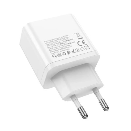 Incarcator iPhone Dual Port 2x Tip-C PD45W si Cablu Tip-C la Lightning Hoco Streamer, White