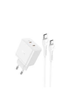 Incarcator Tip C PD45W Dual Port si Cablu Tip-C la Tip-C Hoco Streamer, White