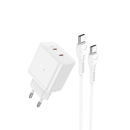 Incarcator Tip C PD45W Dual Port si Cablu Tip-C la Tip-C Hoco Streamer, White