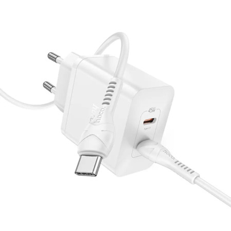 Incarcator Tip C PD45W Dual Port si Cablu Tip-C la Tip-C Hoco Streamer, White