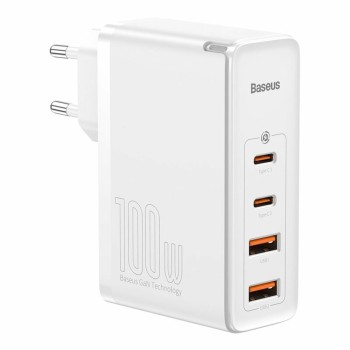Incarcator 2x USB-C PD 100W, 2x USB-A QC3.0 si Cablu Tip-C Baseus (CCGAN2P-L02), Alb
