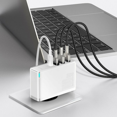 Incarcator 2x USB-C PD 100W, 2x USB-A QC3.0 si Cablu Tip-C Baseus (CCGAN2P-L02), Alb