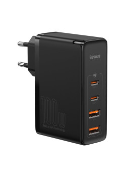 Incarcator 2x USB-C PD 100W, 2x USB-A QC3.0 cu Cablu Tip-C la Tip-C Baseus (CCGAN2P-L01), Negru