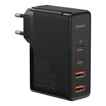 Incarcator 2x USB-C PD 100W, 2x USB-A QC3.0 cu Cablu Tip-C la Tip-C Baseus (CCGAN2P-L01), Negru