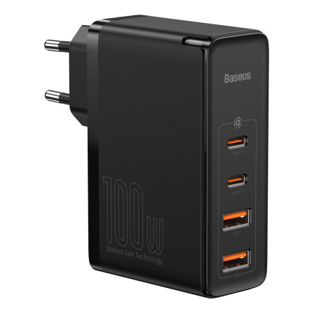 Incarcator 2x USB-C PD 100W, 2x USB-A QC3.0 cu Cablu Tip-C la Tip-C Baseus (CCGAN2P-L01), Negru