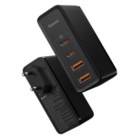 Incarcator 2x USB-C PD 100W, 2x USB-A QC3.0 cu Cablu Tip-C la Tip-C Baseus (CCGAN2P-L01), Negru