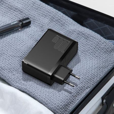 Incarcator 2x USB-C PD 100W, 2x USB-A QC3.0 cu Cablu Tip-C la Tip-C Baseus (CCGAN2P-L01), Negru