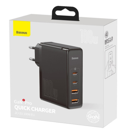 Incarcator 2x USB-C PD 100W, 2x USB-A QC3.0 cu Cablu Tip-C la Tip-C Baseus (CCGAN2P-L01), Negru