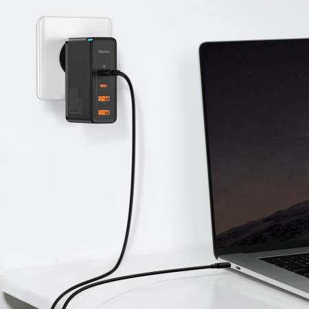 Incarcator 2x USB-C PD 100W, 2x USB-A QC3.0 cu Cablu Tip-C la Tip-C Baseus (CCGAN2P-L01), Negru