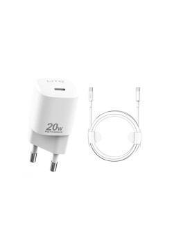 Incarcator Priza Lito Tipe-C PD20W Fast Charging pentru iPhone, Samsung, iPad cu Cable USB-C la USB-C, 1m, Alb