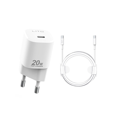Incarcator Priza Lito Tipe-C PD20W Fast Charging pentru iPhone, Samsung, iPad cu Cable USB-C la USB-C, 1m, Alb