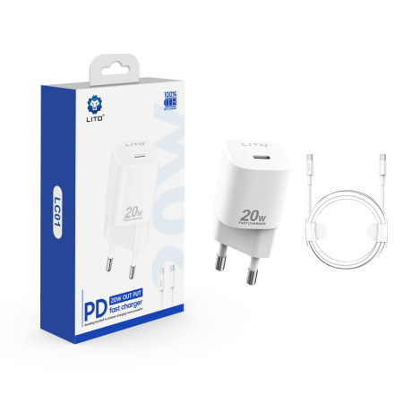 Incarcator Priza Lito Tipe-C PD20W Fast Charging pentru iPhone, Samsung, iPad cu Cable USB-C la USB-C, 1m, Alb