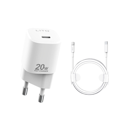 Incarcator retea Lito Tip-C PD20W Fast Charging pentru iPhone, iPad cu Cable USB-C la Lightning, 1m, Alb