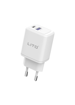 Incarcator retea Lito Tipe-C PD20W, USB-A 18W, Fast Charging pentru iPhone, Samsung, iPad, Alb