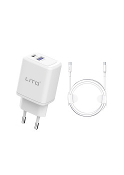 Incarcator priza Lito Tip-C PD20W, USB-A 18W, Fast Charging cu Cablu USB-C la USB-C, 1m, Alb
