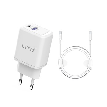 Incarcator priza Lito Tip-C PD20W, USB-A 18W, Fast Charging cu Cablu USB-C la USB-C, 1m, Alb