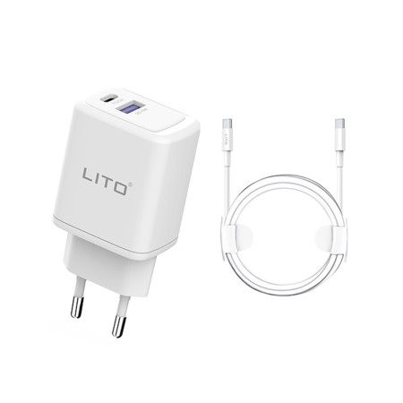 Incarcator priza Lito Tip-C PD20W, USB-A 18W, Fast Charging cu Cablu USB-C la USB-C, 1m, Alb