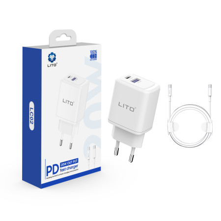 Incarcator priza Lito Tip-C PD20W, USB-A 18W, Fast Charging cu Cablu USB-C la USB-C, 1m, Alb
