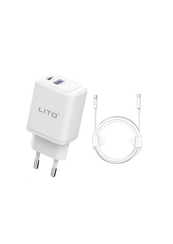 Incarcator priza Lito Tip-C PD20W, USB-A 18W, Fast Charging cu Cablu USB-C la Lightning, 1m, Alb
