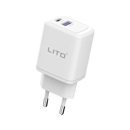 Incarcator priza Lito Tip-C PD20W, USB-A 18W, Fast Charging cu Cablu USB-C la Lightning, 1m, Alb