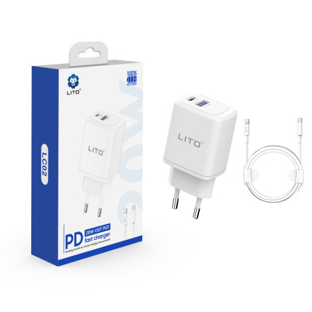 Incarcator priza Lito Tip-C PD20W, USB-A 18W, Fast Charging cu Cablu USB-C la Lightning, 1m, Alb