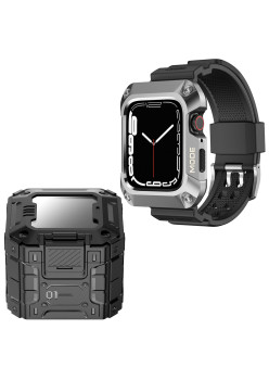 Husa compatibila Apple Watch 7 / 8 / 9 45mm si Curea RuggedArmor, Silver