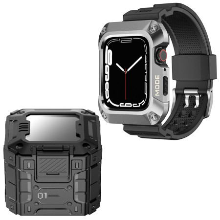 Husa compatibila Apple Watch 7 / 8 / 9 45mm si Curea RuggedArmor, Silver