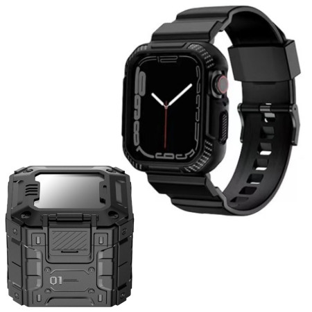 Husa compatibila Apple Watch 4 / 5 / 6 / SE / SE 2 / 7 / 8 / 9 44mm,45mm si Curea Carbon RuggedArmor, Black