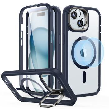 Husa pentru iPhone 15 + Folie ESR Armor Tough Kickstand HaloLock, Clear Dark Blue