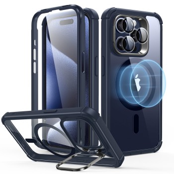 Husa pentru iPhone 15 Pro si Folie ESR Armor Tough Kickstand HaloLock, Clear Dark Blue