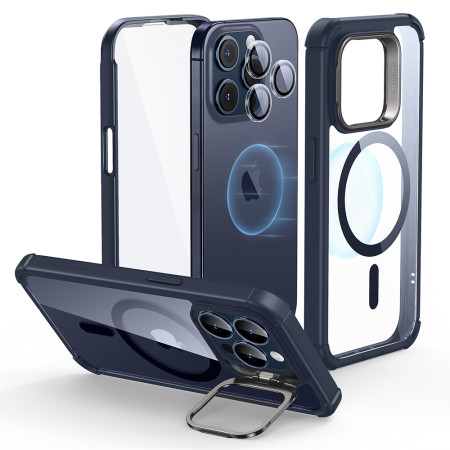 Husa pentru iPhone 15 Pro si Folie ESR Armor Tough Kickstand HaloLock, Clear Dark Blue