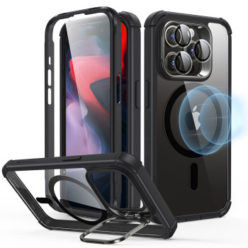 Husa pentru iPhone 15 Pro + Folie ESR Armor Tough Kickstand HaloLock, Clear Black