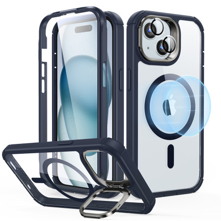 Husa pentru iPhone 15 Plus si Folie ESR Armor Tough Kickstand HaloLock, Clear Dark Blue