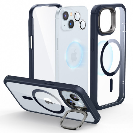 Husa pentru iPhone 15 Plus si Folie ESR Armor Tough Kickstand HaloLock, Clear Dark Blue