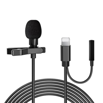Microfon lavaliera Lightning, Jack 3.5mm, Reducerea zgomotului, Clip pentru guler, metalic, Black
