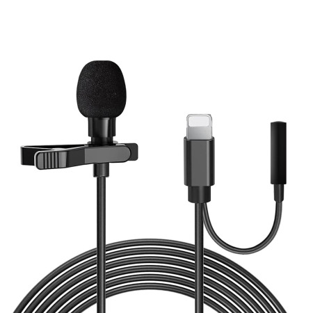 Microfon lavaliera Lightning, Jack 3.5mm, Reducerea zgomotului, Clip pentru guler, metalic, Black