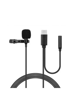 Microfon lavaliera Tip-C, Jack 3.5mm, Reducerea zgomotului, clip de guler, metalic, Black