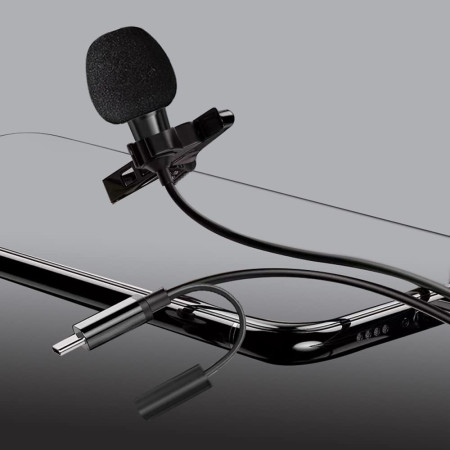 Microfon lavaliera Tip-C, Jack 3.5mm, Reducerea zgomotului, clip de guler, metalic, Black