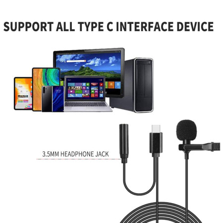 Microfon lavaliera Tip-C, Jack 3.5mm, Reducerea zgomotului, clip de guler, metalic, Black