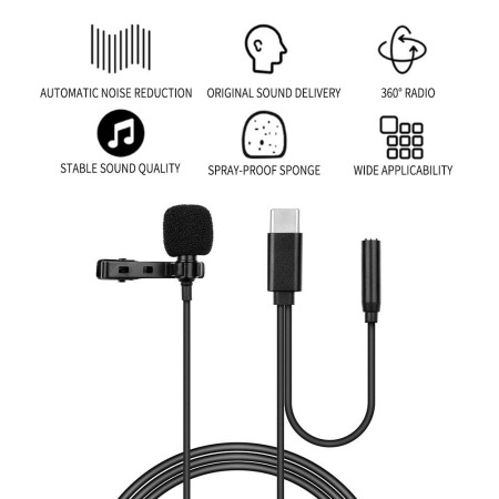 Microfon lavaliera Tip-C, Jack 3.5mm, Reducerea zgomotului, clip de guler, metalic, Black