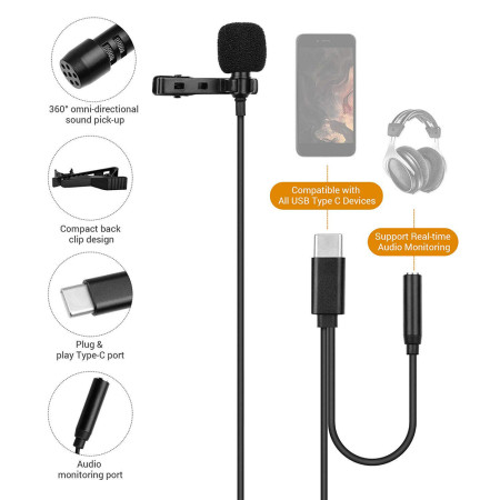 Microfon lavaliera Tip-C, Jack 3.5mm, Reducerea zgomotului, clip de guler, metalic, Black