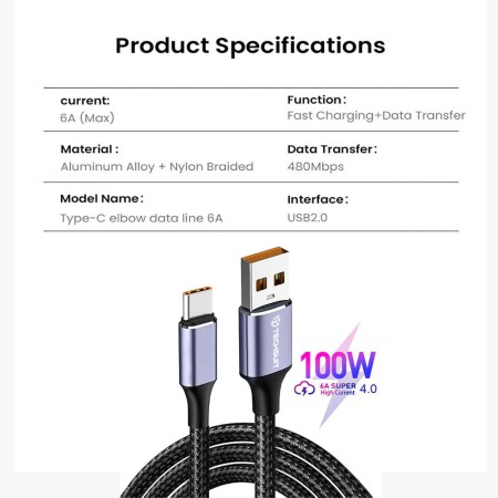 Cablu de date USB to Type-C, Super Fast Charging, 100W, 480Mbps, 6A - Techsuit (PCB018) - Black