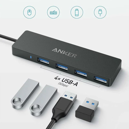 Hub Anker, Stație de andocare, Tip-C la 4x USB, 5Gbps, Plug-and-Play, 20cm, Negru