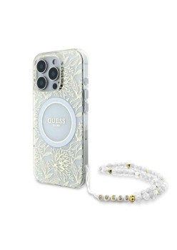 Husa pentru iPhone 16 Pro Max - Guess IML Flowers Allover Electro With Pearl Strap MagSafe (GUHMP16XHCPOFPH) - White